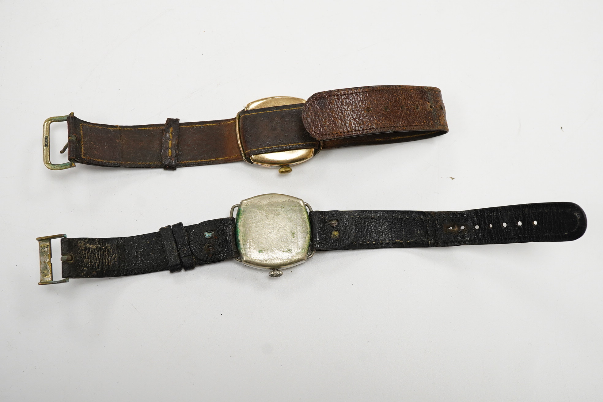 A gentleman's 1930's/1940's gold plated Waltham manual wind wrist watch, with Roman dial and subsidiary seconds, case diameter 30mm, together with a similar nickel cased manual wind wrist watch, with Arabic dial and subs